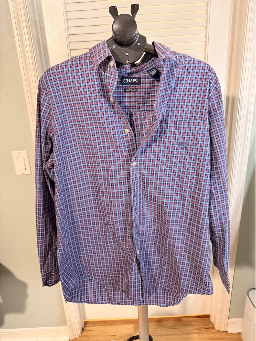 Chaps Easy Care blue red plaid button-front shirt